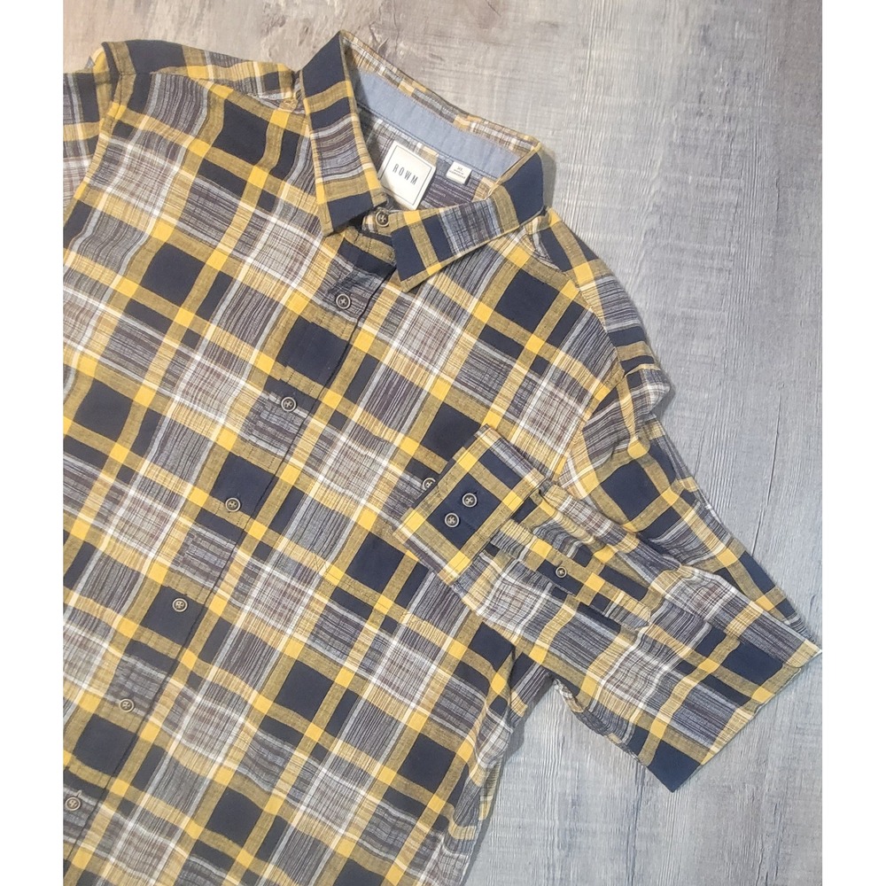 ROWM Mens XL Plaid Button Down Shirt Long Sleeve Navy Yellow 100% Cotton Pocket